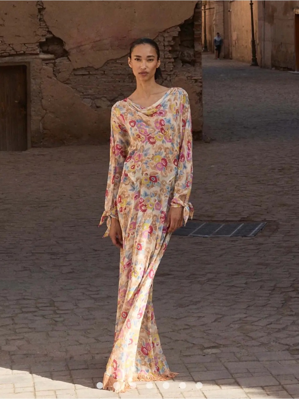 Doen Ophelia Dress Floral Maxi Dress in Beige with Pink, Yellow and Blue Accents